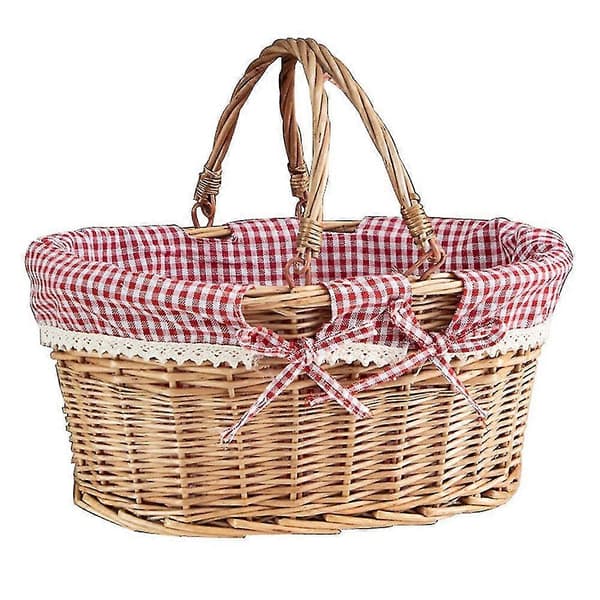 Oval Pilflätad Picknickkorg Godiskorg Förvaringskorg Vinkorg med Handtag Ägginsamling W