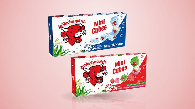 Den Skrattande Kon – Mini Cubes blå/naturell & röd/mix smaker, 24 pack - 125 g